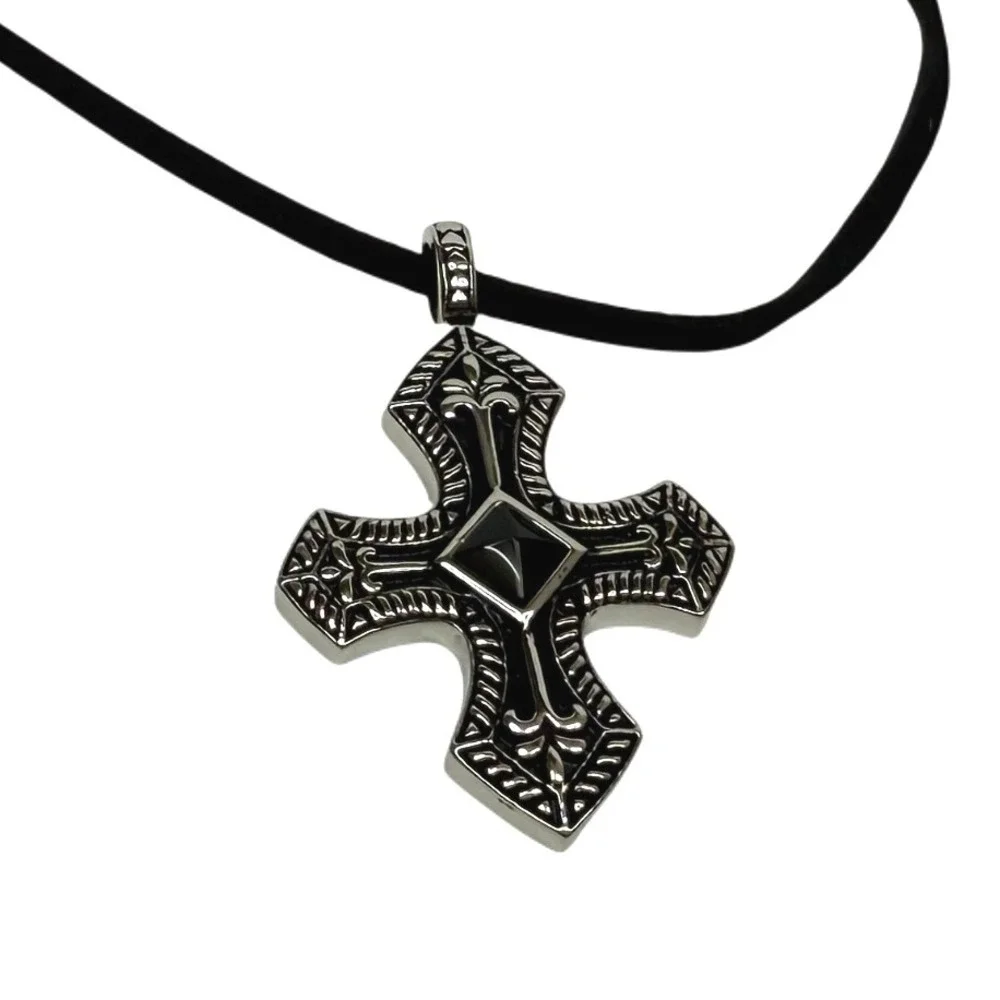 Stainless Steel Black Agate Cross Pendant Necklace Vintage Antique Style Silver